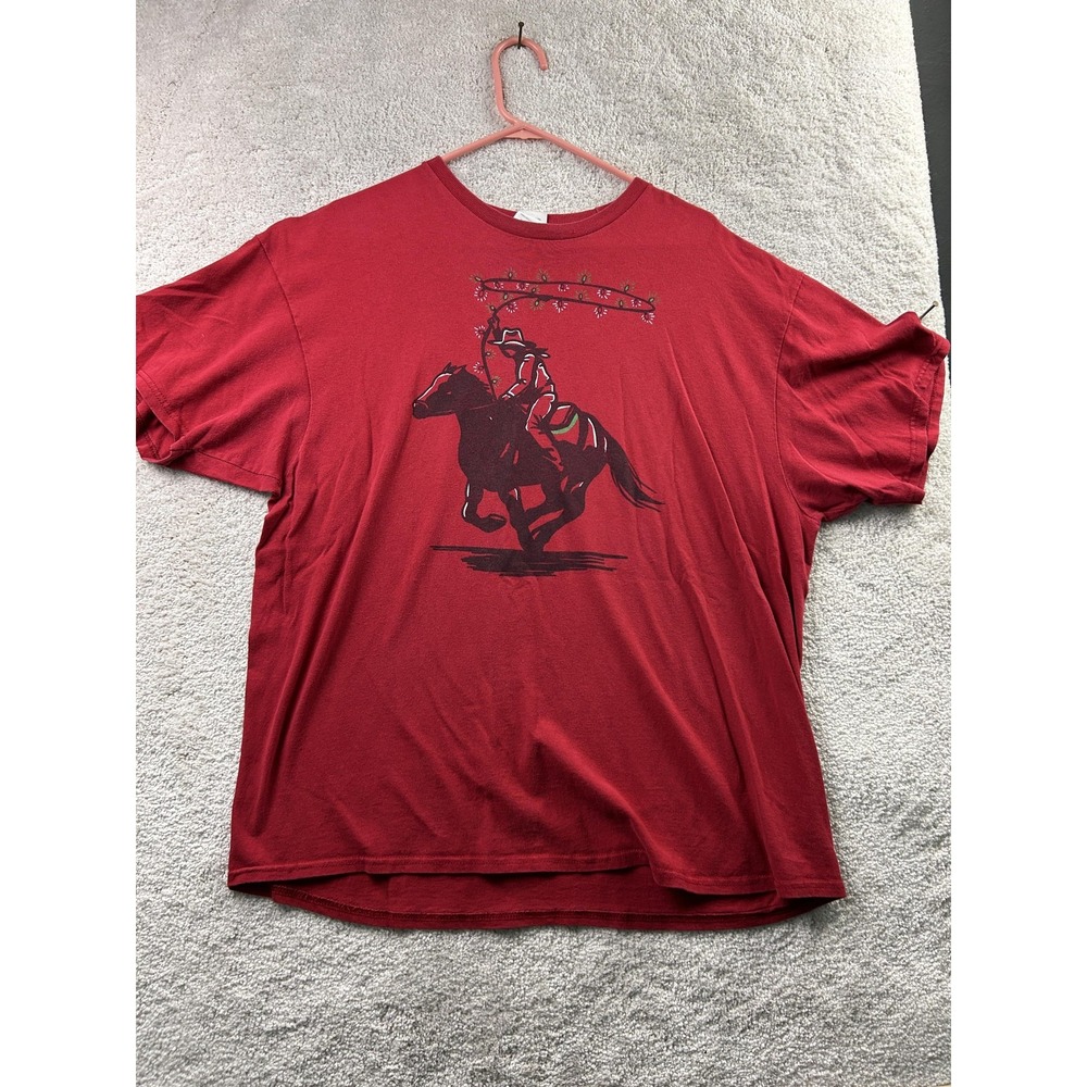 Delta Pro Weight Shirt Mens 2XL Red Cowboy Western Christmas Lights Graphic Tee